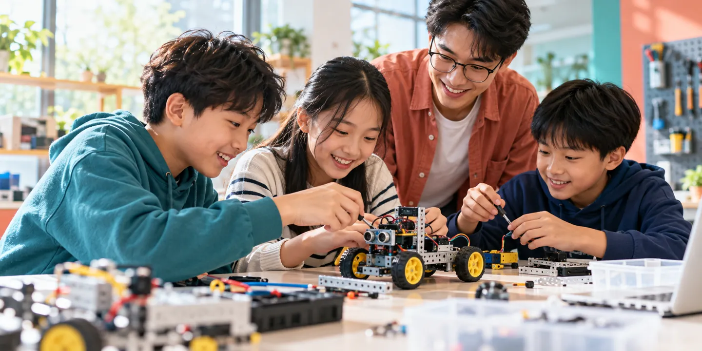 Hình minh họa học sinh cùng khám phá và lắp ráp robot